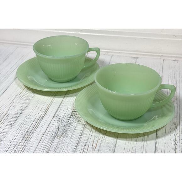 2 Vintage Fire King Jadeite Green Glass Tea or Coffee Mugs w/ Saucers Ribbed